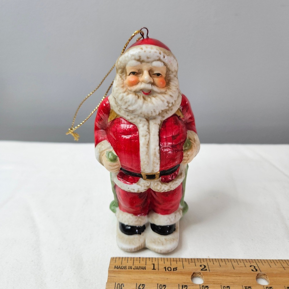 Vtg 1992‎ Santa Claus Ceramic Christmas Ornament Toy Sack Skies 4.5"